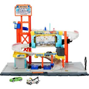 Matchbox Toy Car Track Set, Spin Cyclone Car Wash Playset with 1:64 Scale Corvette & Tow Truck, Features Spinning Wash Tunnel, Tune-Up Shop & Parking