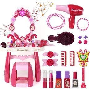Kids Vanity Set with Mirror, Light & Music, 30" Toddler Makeup Table with Stool, 2-in-1 Pretend Play Beauty Salon Toy with Hair Dryer & Accessories for Girls Ages 3-5 (Pink)