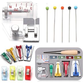 Bias Tape Tool Kit, 4 Sizes Bias Tape Maker (6mm 12mm 18mm 25mm) with Wooden Awl, Adjustable Bias Binder Foot, 4 Pcs Sewing Clips, 50Pcs Ball Point Pins, for Fabric Sewing and Quilting