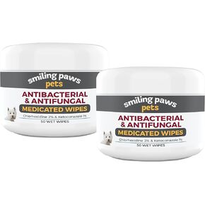 Smiling Paws Pets - Antibacterial & Antifungal Wipe for Dogs & Cats - Contains Ketoconazole & Chlorhexidine - Skin Treatment for Yeast Infection, Ringworm, Pyoderma, Bacteria & Fungus - 50ct (2 Pack)