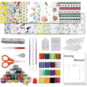 Sewing Machine Essentials Kit with 32 Pcs Sewing thread, Easy Tutorials, Needles & Scissors, Measure Tape, Heat Erasable Pens, 7x7 IN Fabric (20 Pcs) for Beginners, Adults, Home & DIY Projects