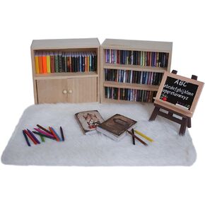 1:12 Scale Dollhouse Bookshelf Set - 2 Mini Wooden Bookshelves, 100+ Blank Mini Books & Art Studio Accessories for Creative Educational Gift for Kids, Collectors (Dollhouse Furniture & Accessories)