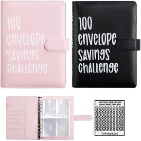 2Pcs 100 Envelopes Money Saving Challenge, 100 Envelope Challenge Binder, Easy and Fun Way to Save $5,050, Budget Book Binder Savings Challenges with Cash Envelopes (Black+Pink)