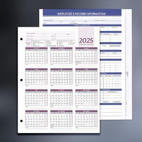 Attendance Calendar Employee Card 2025 (Set of 25), and Employee Record File Folder Blue (Set of 25) Bundle