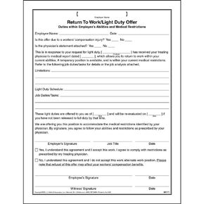 Employee Return to Work with Restrictions Form, 8.5 x 11, 75 Pack, J. J. Keller & Associates, Inc.