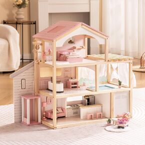 Robud Doll House ، دمية خشبية مع 6 غرف ، مجموعة أثاث 29-PCS ، مصعد العمل ، المرآب ، حمام سباحة ، هدية مثالية للأطفال الذين تتراوح أعمارهم بين 3 سنوات (وردي)