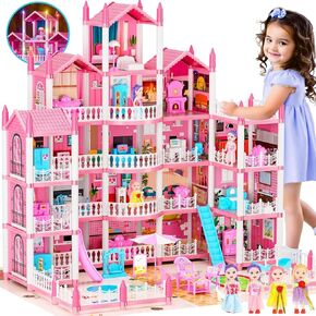 Big Dream Doll House for Girls with 5 Stories 19 Rooms, Dolls, Mat, LED Light, Furnitures, Puppie, Accessories, Toddler Dollhouse Gift for for 6 7 8 9 10 Year Old Girls Toys
