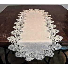 Table Runner or Dresser Scarf in Antique White Vintage Lace and Fabric Size 36 x 15 inches