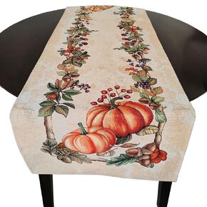 Thanksgiving Block Print Tapestry Table Runner, Autumn Fall Leaves Table Runner, Pumpkin Table Runners, Halloween Fall Runners for Table (45cmX140cm (18in X 55in))