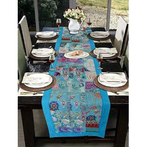 handmade table runner cotton indian table clover patchwork table runners embroidery tablecloths rectangle kitchen dining table decoration runner 12x80 Inches (Turquoise)