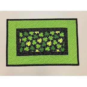 St Patrick's Day Shamrocks Quilted Table Runner Topper, 13x20" Coffee End Dining Table, Short Green Black Irish Blarney, Reversible Easter TahoeQuilts Handmade