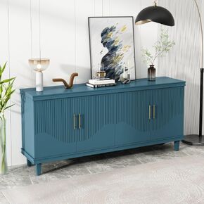 Modern 4-Door Cabinet with Mirrored Decorative Doors,for Bedroom,Living Room,Office,Easy Assembly, Wood Color