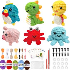2026 Upgraded 6PCS Crochet Kit for Beginners – DIY Animal Plush Craft Set with Step-by-Step Video Guides, Premium Yarn & Safety Hooks, Perfect Holiday Birthday Gift for Adults/Kids to Learn Crocheting
