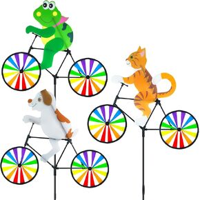 3 Pack Animal Bike Wind Spinners, Dog and Cat Pinwheels Colorful Windmill with Stakes, Wind Spinner for Yard Garden Lawn (Dog Cat Bee)