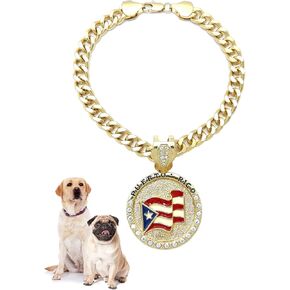 Rhinestone Studded Puerto Rico Flag Medallion Pendant 18"/26" Cuban Chain Fashion Costume Jewelry Necklace for Dogs Cats in Gold or Rhodium Tone (Gold - 18" Puerto Rico)