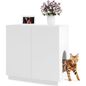 Large/Tall Litter Box Enclosure, Modern Wooden Litter Box Furniture for XL Litterbox with Hidden Storage as Sideboard Cabinet (White)