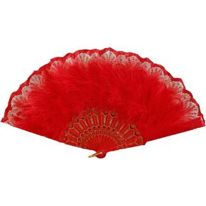 Women's Feathered Fan Vintage 1920s Styles Flapper Folding Handheld Lace Fan for Wedding and Halloween Cosplay Party