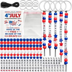 Haooryx Independence Day DIY Keychains - 2026Pcs 4th of July Red White Blue Beads Craft Kit Fourth July Star Alphabet DIY Keychain Making with Gift Card School Art Project Supply Patriotic Party Favor