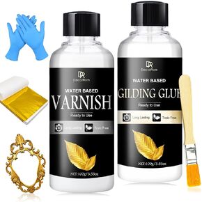 Gold Leaf Gilding Adhesive Kit - 3.5oz Water-Based Adhesive & Varnish with Brush, 100 Gold Leaf Sheets for Art, Craft, Painting, Furniture Decoration - with Painting & Gilding Materials