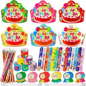 144 PCS Birthday Crowns for Kids Classroom Include 36 Colorful Birthday Paper Hats with Elastic Band 36 Badge Stickers 36 Slap Bracelets and 36 pencils for Classroom School Party Supplies