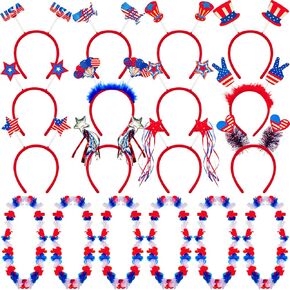 24 Pcs 4th of July Party Accessories, 12 Patriotic Headbands, 12 Independence Flower Leis, Red White Blue Star USA Flag Head Bopper for 4th of July Labor Day Veterans Memorial Day Party Supplies Favor