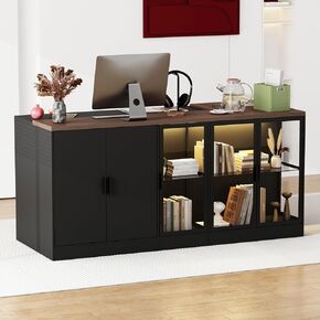 Glass Reception Desk for Retail & Checkout, 77.6 inch Front Desk with Drawers, LED Light & Display Shelf, Retail Checkout Counter Table for Shop, Salons, Reception Room, Black