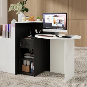 Reception Desk, Small Retail Checkout Counter with Lockable Drawer and Open Shelves, Wooden Front Desk Reception Counter, Oval Desktop & L Counter for Store Office Lobby Salon (Black & White)