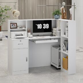 Modern L-Shaped Reception Desk with Handles, Lockable Drawers, Cabinets, Countertop, and Keyboard Tray – Perfect for Office, Clinic, Retail, Lobby, and Salon Checkout Counter,White 55.12 * 34.25