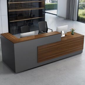 Modern L-Shaped Reception Desk with Hutch, Reception Counter Table, Lockable Drawer Door Cabinet, Office Wooden Computer Front Desk (Walnut+lron Gray-Left Cabinet, 78.74" L*23.62" W*41.34" H)