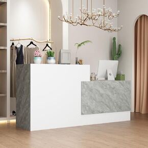 Homsee Modern Reception Desk Office Desk with Storage Shelves & Marble Texture, Retail Counter Front Desk Table for Checkout & Home Office, White & Grey