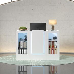 Reception Desk with LED Light & Keyboard Tray, Retail Counter with Cabinet & Glass Adjustable Shelves, Checkout Counter Table for Office Clinic Retail Lobby Salon, White