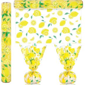 JarThenaAMCS Lemon Cellophane Wrap Roll 100Ft x 16In 2.5Mil Yellow Fruit Cellophane Paper Summer Cello Wrapping Paper for Treat Basket Birthday Party Favor