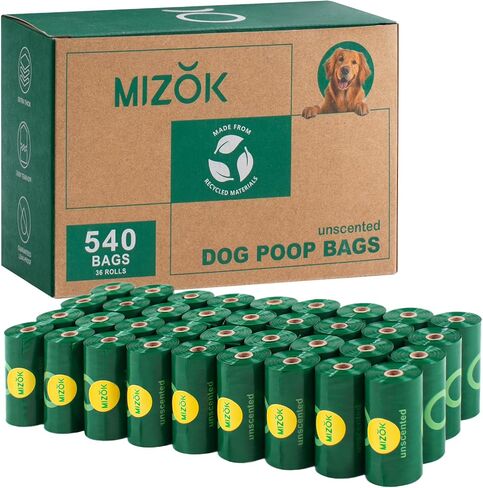 MIZOK Dog Poop Bags Rolls, 540 Count, 65% Recycled Material Poop Bags for Dogs, Leakproof, Extra Thick Durable and Easy Tear-Off, Unscented in Kuwait