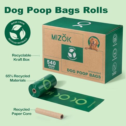 MIZOK Dog Poop Bags Rolls, 540 Count, 65% Recycled Material Poop Bags for Dogs, Leakproof, Extra Thick Durable and Easy Tear-Off, Unscented in Kuwait