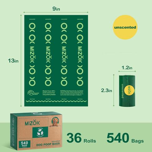 MIZOK Dog Poop Bags Rolls, 540 Count, 65% Recycled Material Poop Bags for Dogs, Leakproof, Extra Thick Durable and Easy Tear-Off, Unscented in Kuwait