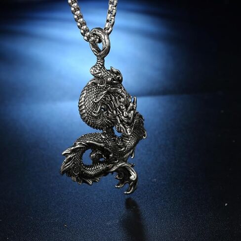 Chinese Dragon Necklace for Men, Hip Hop Dragon Necklace, Norse Viking Dragon Head Pendant Necklace with 23.6"Chain, Stainless Steel Punk Rock Dragon Pendant, Vintage Animal Dragon Necklace Jewelry Gift for Men Boys in Saudi Arabia