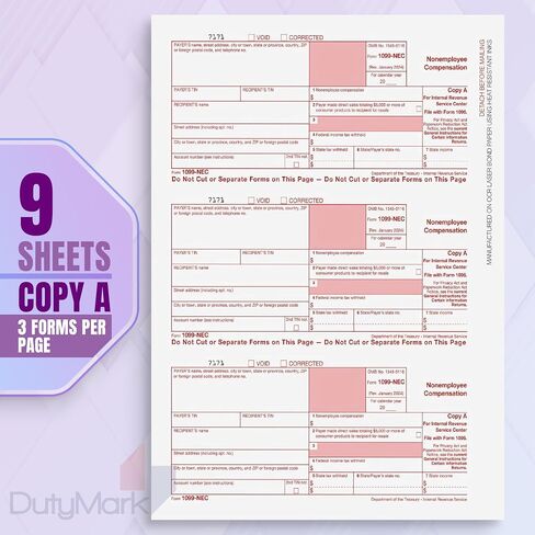 Dutymark 1099 NEC Forms 2023 4-Part Tax Forms Kit, Compatible with QuickBooks and Accounting, 25 Pack, Software and Envelopes NOT Included Software, Made in The USA in Saudi Arabia