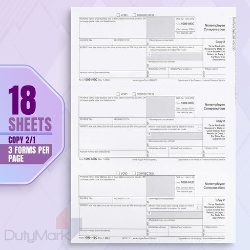 Dutymark 1099 NEC Forms 2023 4-Part Tax Forms Kit, Compatible with QuickBooks and Accounting, 25 Pack, Software and Envelopes NOT Included Software, Made in The USA in Saudi Arabia