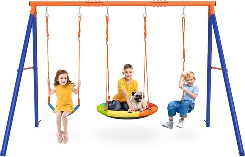 Swing Set for Backyard with Stand - Heavy Duty 440lbs Metal A-Frame Outdoor Playset with 32" Saucer Swing & 26.2" Seats in Kuwait