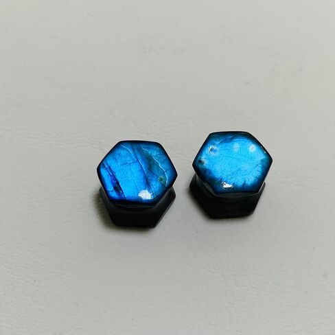 Body Piercing Jewelry Pair of Natural Blue Flash Labradorite Gemstone Handmade Hexagon Gauges Plugs (Set of 2) (00g (10mm)) in Saudi Arabia