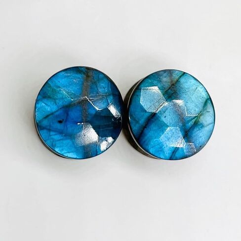 Natural Blue Flash Labradorite Crystal Double Flare Ear Piercing Naga Body Jewelry Round Ear Plugs Gauges Size 8g (3mm) to 1" (25mm) Customized Wholesale Also Available (2g (6mm)) in Saudi Arabia