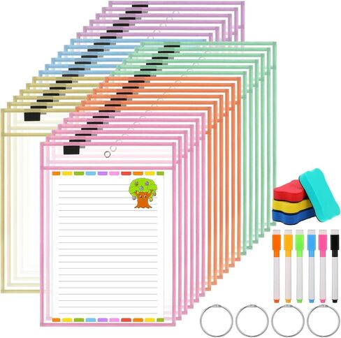 36 Set Dry Erase Pockets 10" x 14" Clear Plastic Sheet Protector Pastel Color Oversized Reusable Sleeves with 36 Marker 4 Eraser 4 Ring Job Shop Ticket Holder for Teacher Classroom Supply in Saudi Arabia