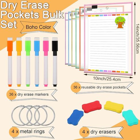 36 Set Dry Erase Pockets 10" x 14" Clear Plastic Sheet Protector Pastel Color Oversized Reusable Sleeves with 36 Marker 4 Eraser 4 Ring Job Shop Ticket Holder for Teacher Classroom Supply in Saudi Arabia