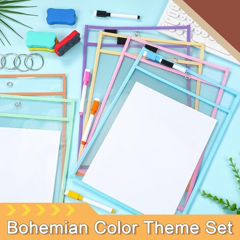 36 Set Dry Erase Pockets 10" x 14" Clear Plastic Sheet Protector Pastel Color Oversized Reusable Sleeves with 36 Marker 4 Eraser 4 Ring Job Shop Ticket Holder for Teacher Classroom Supply in Saudi Arabia
