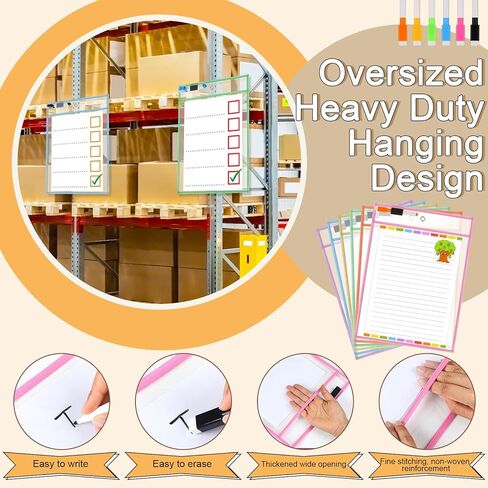 36 Set Dry Erase Pockets 10" x 14" Clear Plastic Sheet Protector Pastel Color Oversized Reusable Sleeves with 36 Marker 4 Eraser 4 Ring Job Shop Ticket Holder for Teacher Classroom Supply in Saudi Arabia