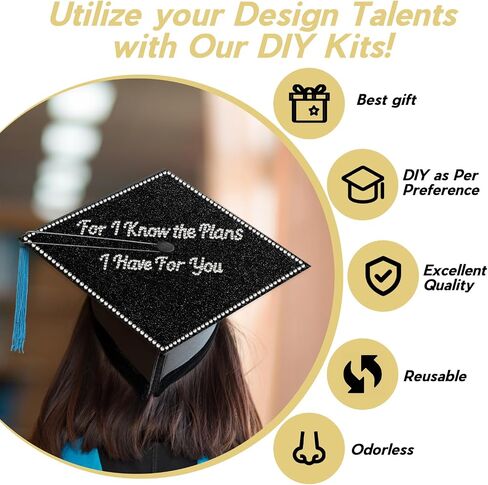 SPOKKI Graduation Cap Decorations Kit,- 16 Pcs Glitter Cardstock For Graduation Cap Topper,Alphabet Stickers,Crystal Stickers For Graduation Caps Decoration (B) in Saudi Arabia