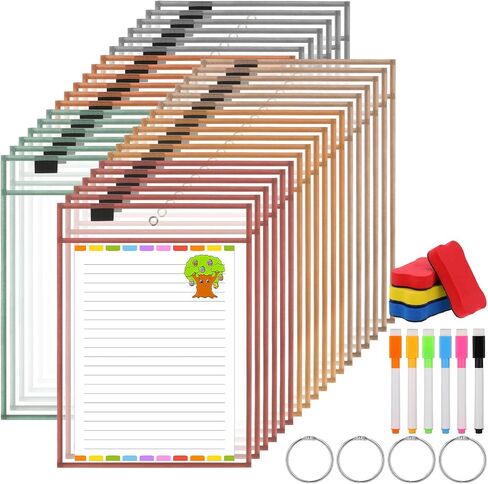 36 Set Dry Erase Pockets 10" x 14" Clear Plastic Sheet Protector Pastel Color Oversized Reusable Sleeves with 36 Marker 4 Eraser 4 Ring Job Shop Ticket Holder for Teacher Classroom Supply in Saudi Arabia