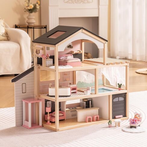 ROBUD Doll House, Wooden Dollhouse with 6 Rooms, 29-pcs Furniture Set, Working Elevator, Garage, Swimming Pool, Ideal Gift for Kids Ages 3+ (Pink) in Saudi Arabia
