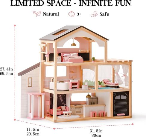 ROBUD Doll House, Wooden Dollhouse with 6 Rooms, 29-pcs Furniture Set, Working Elevator, Garage, Swimming Pool, Ideal Gift for Kids Ages 3+ (Pink) in Saudi Arabia