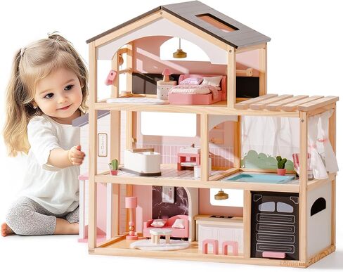 ROBUD Doll House, Wooden Dollhouse with 6 Rooms, 29-pcs Furniture Set, Working Elevator, Garage, Swimming Pool, Ideal Gift for Kids Ages 3+ (Pink) in Saudi Arabia